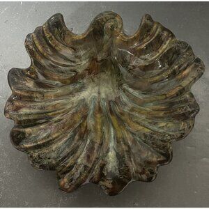 Vtg Ruffled Dish‎ Marbled Brown Tan Glaze Decorative MCM Signed Art Pottery USA